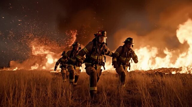 Courage in the Flames: A courageous team of firefighters fearlessly confronts a raging inferno, their silhouettes etched against the backdrop of destruction, a testament to bravery and resilience.