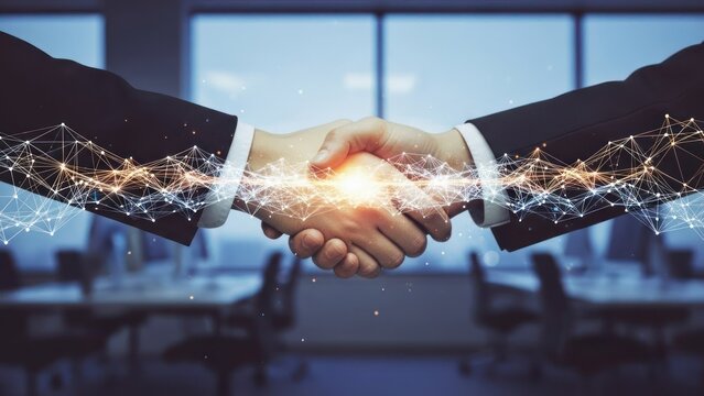 Two business people shaking hands, enhanced with digital networking effects, in office - Powered by Adobe