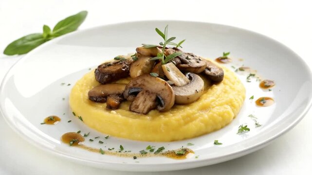 polenta e funghi, italian recipe, isolated, white background video