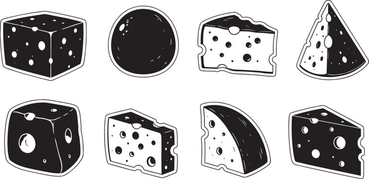 Assorted cheese pieces and whole round shape outline drawings