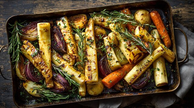 Parsnip roast overhead, balanced layout, modern home cooking