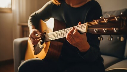 Obraz premium Woman playing an acoustic guitar indoors, close-up, warm light
