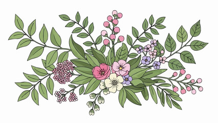 Beautiful Hand Drawn Floral Arrangement with Green Leaves and Pink Flowers.