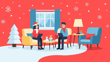 Naklejka na ściany i meble Cozy winter scene of two people working on laptops with pets