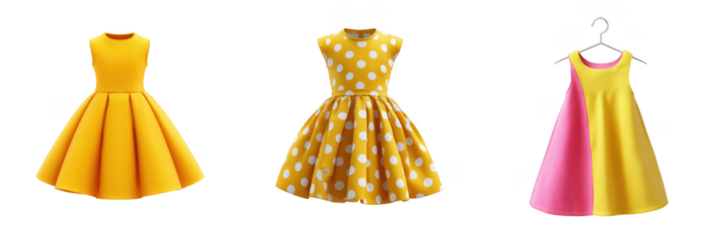 Three colorful sleeveless line dresses with fashion and line with line Isolated on a transparent background