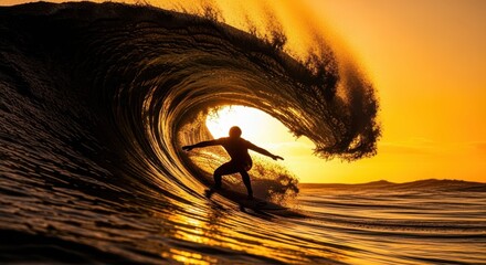 Surfer Taming the Wave: A silhouette of a surfer boldly navigates the crest of a towering wave at sunset, demonstrating skill and courage against the raw power of the ocean.