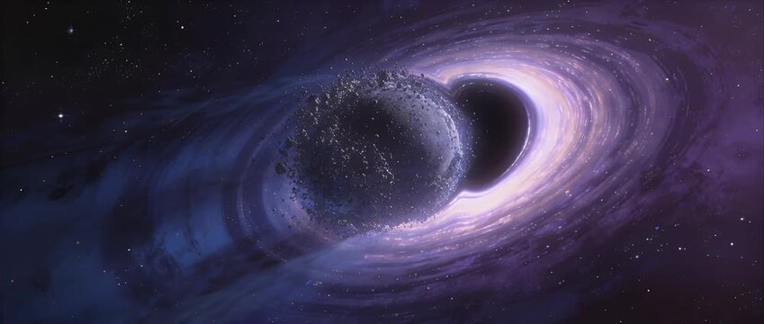 Black hole space galaxy cosmic vortex energy alien planet view crumbling into swirling accretion disk dramatic deep universe scene night sky purple glow star field fantasy science fiction cosmos