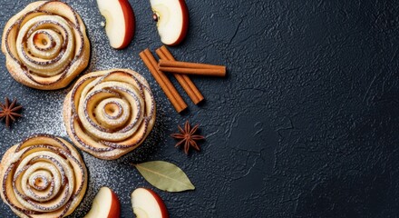 Artistic Apple Pastries: A top-down shot of beautifully arranged apple pastries. Featuring a delectable scene of fresh pastry rolls, cinnamon sticks, apple slices, and star anise