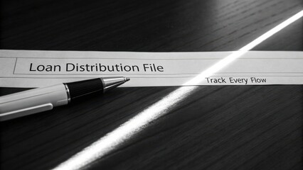 Loan Distribution File Document with Pen on Wooden Surface for Financial Tracking and Management of Loan Processes