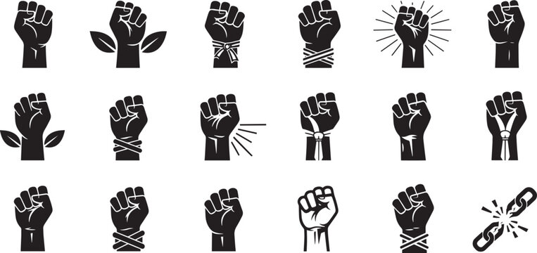 Collection of various raised clench fists silhouettes representing power protest