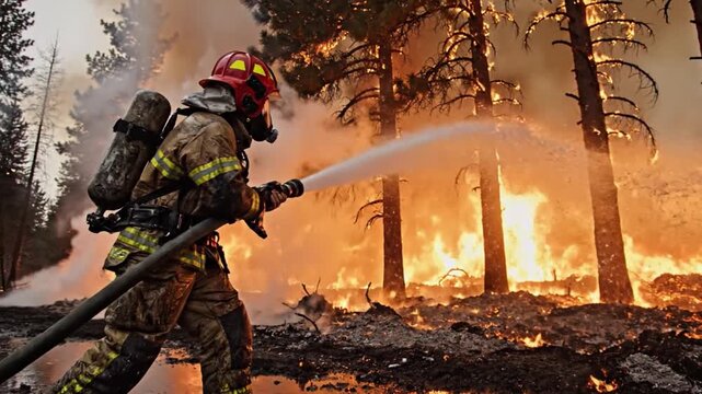Brave Defender Against the Flames: A courageous firefighter fearlessly confronts a raging forest fire.