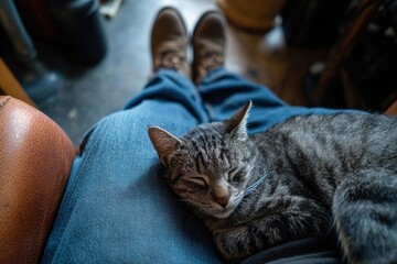 Gray tabby cat sleeping on a person's lap while wearing blue jeans and brown shoes in a cozy indoor setting with soft lighting and warm tones