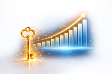 Golden key unlocking financial growth and success represented by a rising bar chart