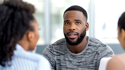 A business professional is talking to two clients about life insurance options in an office. The setting appears bright and modern