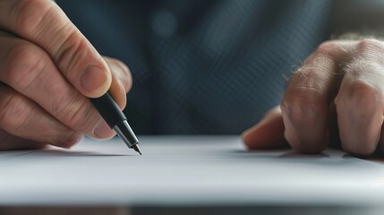 Hands are holding a pen to sign a life insurance contract on a plain sheet of paper indoors