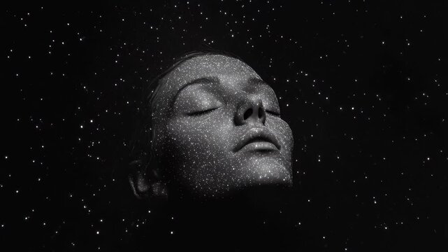 Woman's face illuminated by scattered light against a dark backdrop, creating a celestial effect and a peaceful ambiance
