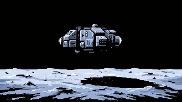 Pixel Art Spaceship Landing on Lunar Surface Retro Gaming Style Space Exploration