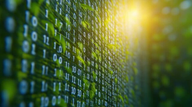 Digital Matrix: a matrix of binary code intertwined with lush plant life, representing the symbiosis of technology and nature