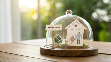 Safety and Security Concept with Paper Figures in Glass Dome Representing Home, Family, and Promise for Future