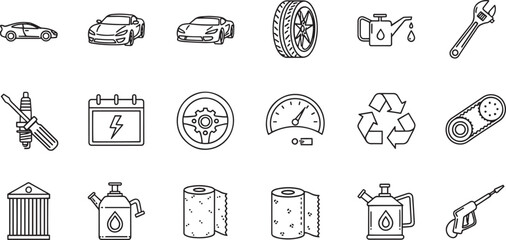Car service and maintenance outline icon set for automotive mechanics