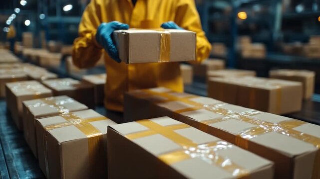 Processing of Goods: A worker in a warehouse carefully handles a package amidst rows of packaged products on a conveyor belt, showcasing the precision and efficiency of modern supply chain operations.