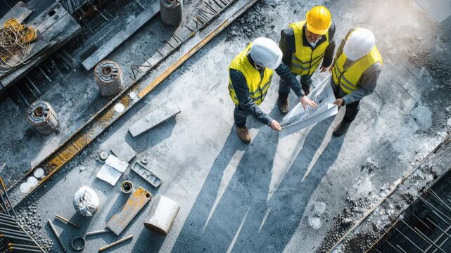Engineers Reviewing Blueprints at Construction Site from Aerial View