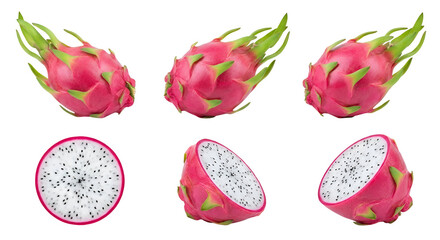 Fototapeta premium Vibrant Pink Dragon Fruit Collection, featuring fresh whole and sliced Pitaya fruits, brightly colored and exotic, isolated on transparent background.