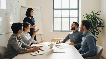 Young professional woman presenting ideas to diverse team in modern office during meeting - Powered by Adobe