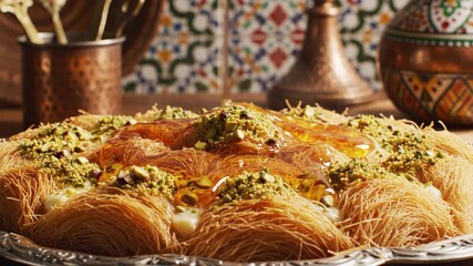 Traditional Middle Eastern dessert dish with phyllo dough, pistachios, and honey on a decorative plate, set against a colorful tile background, possibly for culinary or cultural advertising