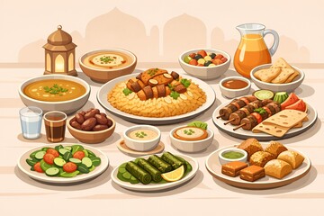 Ramadan iftar food illustration for festive campaign banners and commercial design use