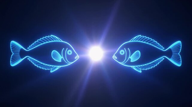 Two glowing blue fish facing each other in front of a bright light on a dark background, possibly used for design or symbolism
