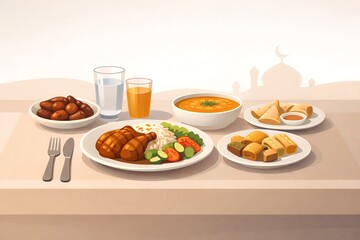 Ramadan iftar meal illustration for promotional banner and festive visual design
