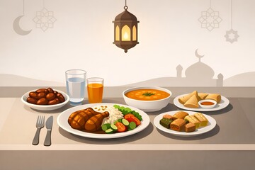 Ramadan Kareem Iftar Meal Illustration for Islamic Greeting and Seasonal Promotion