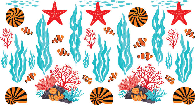 Seamless underwater coral reef pattern vector illustration with clownfish, starfish, seaweed, shells, and tropical ocean life