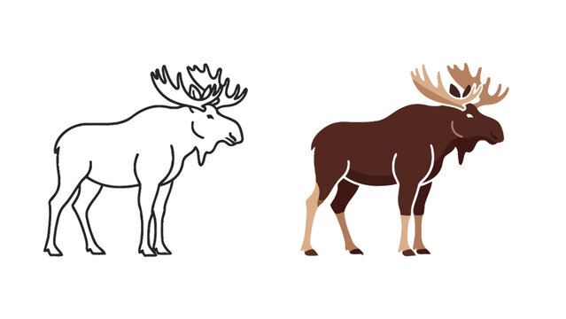 Vector graphic design showcasing two stylized moose illustrations one being a simple outline and the other a filled brown color version