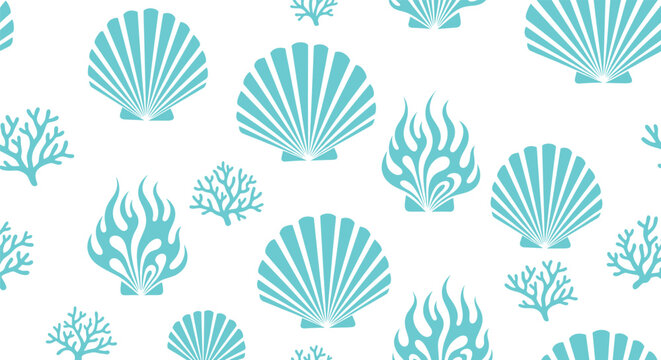 Seamless underwater seashell and coral pattern vector illustration with scallop shells, sea plants, and ocean elements