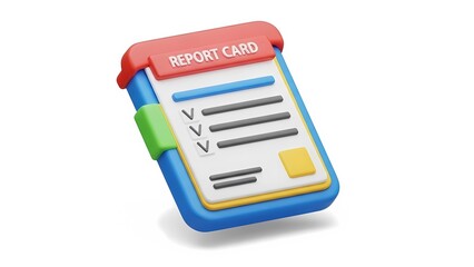 A colorful 3D illustration of a report card with a blue and green binder