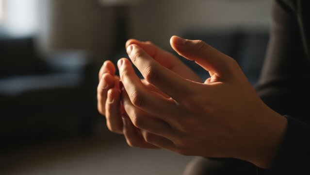 Close up of hands clasped in prayer, illuminated by soft light, conveying devotion and spirituality.