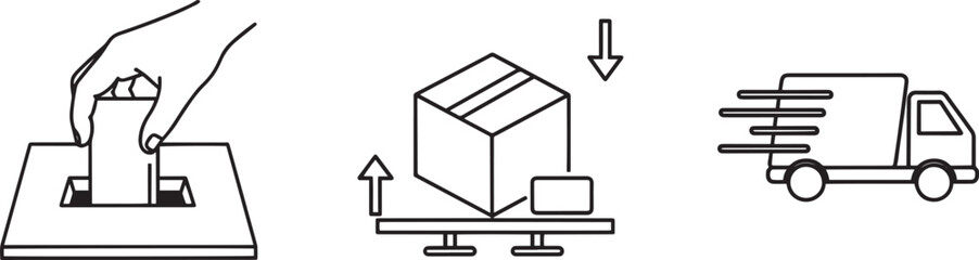 Shipping logistics delivery icons set package truck handling process line