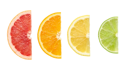 Vibrant Assortment of Fresh Citrus Fruit Halves: Grapefruit, Orange, Lemon, and Lime Slices in a Row, isolated on transparent background
