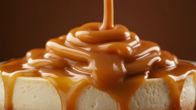 Caramel Delight: A luscious stream of rich, golden caramel cascades over a creamy cheesecake, creating a decadent, mouthwatering dessert experience.