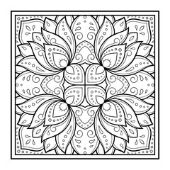 Decorative pattern of flowers and paisley for printing on fabric. Ornament for a bandana, a silk neckerchief, a tablecloth or a kerchief. Square sketch in tribal or oriental style.