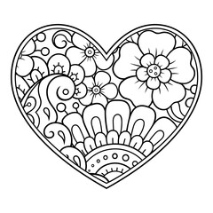 Mehndi flower pattern in form of heart for Henna drawing and tattoo. Decoration in ethnic oriental, Indian style. Valentine's day greetings. Coloring book page.