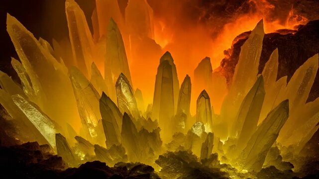 Glowing crystals on fire background closeup.