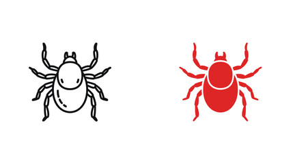 Simple vector icon set illustrating two different styles of parasitic tick symbols one outlined black and one solid bright red against white