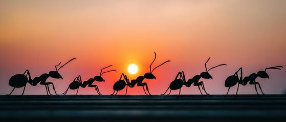 Ants silhouette marching against sunset background