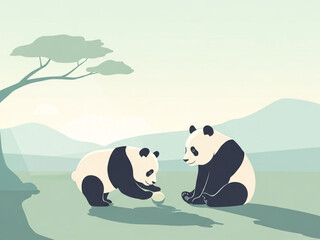 戯れ合うパンダ