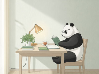 テーブルで読書するパンダ