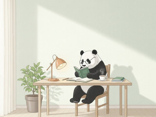 テーブルで読書するパンダ