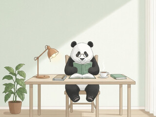 テーブルで読書するパンダ